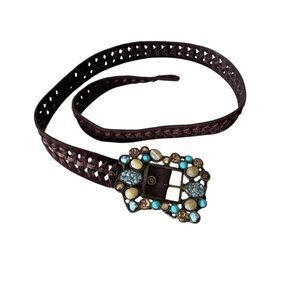 Vintage Leather Rock Boho Leather Belt with Turquoise and Gold Gemstones